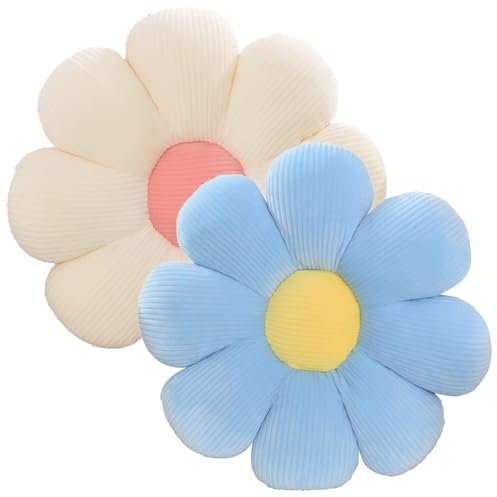 ACUSHLA 2 Stück Blumenbodenkissen Sitzkissen,40cm Blumenboden Kissen Tatami Blumenförmiges,Weiches Blütenblattkissen Niedliches Blumen-Plüsch-Kissen für Car Home Sofa Chair (blau+weiß)