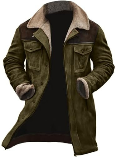 Men Sherpa Jacket, Winter Trucker Jackets Faux Suede Sherpa Lined Leather Coat Lapel Collar Military Peacoat Thick Thermal Casual Overcoat Mid Length Outwear Vintage Leather Trench Coat Work Jacket