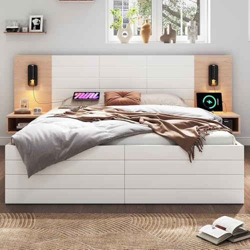 Ensemble de lit Double 140×200cm en Bois, lit Adulte avec 2 tiroirs, Lampe de Chevet avec Chargeur USB, Cadre de lit Moderne avec 2 Tables de Chevet (Matelas Non Inclus)