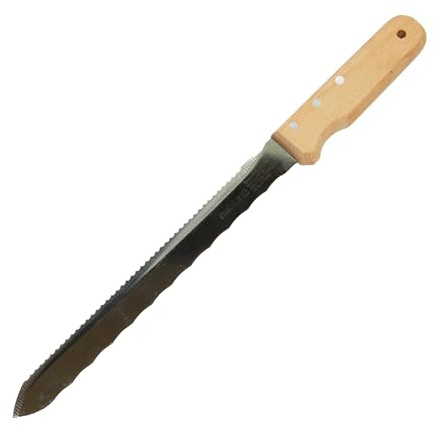 sopomarkt24 Dämmstoffmesser 280mm – Präzises Schneiden von Styropor, Glaswolle, Mineralwolle & Kork – Holzgriff, Klinge poliert mit Säge & Wellenschliff – Für Isoliermaterial, mit Aufhängeloch