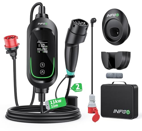 INFGO Mobile Wallbox 11kW 3-phasig, 12m, 6-16A, Typ 2 Ladekabel CEE Stecker | EV Charger mit Einstellbarer Ladeleistung & Timer-Funktion für Model Y/3, ID.3, i4, EQB, e-tron usw., Schwarz