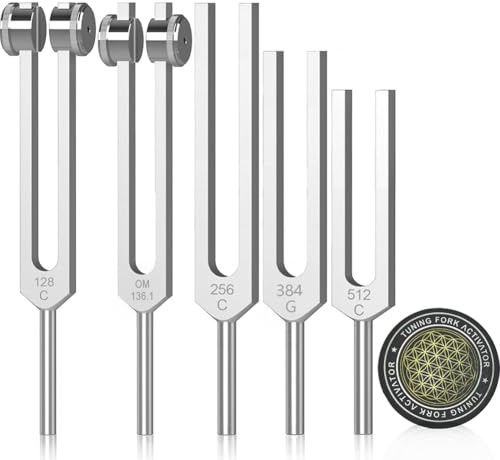 Wouueso Resonanz-Stimmgabeln für Heilungsset, Stimmgabel Aus Aluminiumlegierung 128 Hz, 136,1 Hz, 256 Hz, 384 Hz, 512 Hz und Hockey-Puck-Aktivator