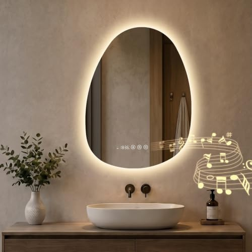 S'AFIELINA Badspiegel mit Beleuchtung 60x45 cm, Asymmetrisch | LED Badezimmerspiegel Bluetooth-Lautsprecher, Uhr, Hintergrundbeleuchtung, Anti-Beschlag, 3 Lichtfarben dimmbar, Touch,Memory