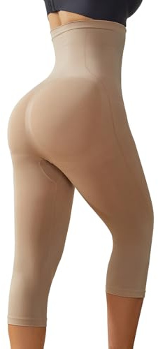 Athlemo Leggings capri, moldeadores de cintura alta, control de abdomen, moldeadores de cuerpo sin costuras, Marrón claro, Large