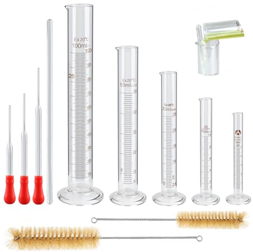 5 Pcs Éprouvette Graduée en Verre, 5ml/10ml/25ml/50ml/100ml Cylindre Gradué, Eprouvette Verre avec 3*Pipettes, 2*Brosses pour Tubes à Essai, 2*Barreaux D'Agitation pour Laboratoire
