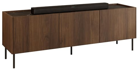 Mirjan24 TV Lowboard Tewos 144, TV Schrank mit 3 Türen, gedämpftem Schließsystem, Fernsehschrank, Fernsehtisch, Unterschrank (Nuss Warmia + Marmor Schwarz)