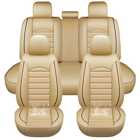 Chifeng Full Set Of 5 Car Seat Covers,Fits For Jeep Cherokee Compass Grand Cherokee Patriot Renegade Wrangler,Universal Leatherette Car Seat Covers - Durable, Waterproof, Breathable Covers (Beige)