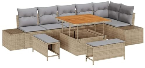 vidaXL Trädgårdsoffset med kudde 9 pcs Beige Poly rattan, Trädgård och terrass, modern modulär utemöbel, UV-skyddad soffa, lätt rattansoffa, mysig patio-lounge