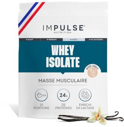 Impulse Nutrition - Whey Isolate Vanille - 24g Protéines/Portion - 750g | Masse Musculaire - Enrichie Lactase Digestion Facilitée - 80g Protéines/100g - Sans Arôme Artificiel - Fabriqué en France