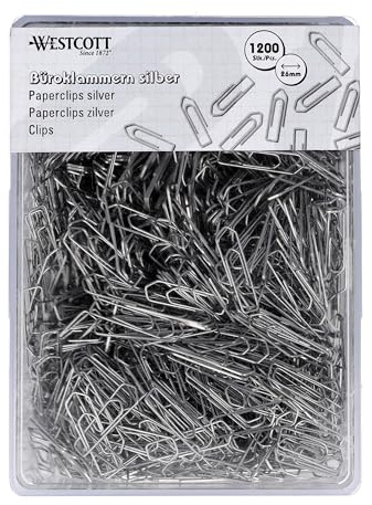 Westcott Büroklammern Silber 1200 Stück | Vorratspack Papierklammern 26mm | Praktische Kunststoffbox | Verzinkt | Aktenklammern für Büro und Haushalt | E-10643 00