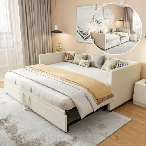 Divano letto estraibile matrimoniale 90/180 x 200 CM,letto a scomparsa con divano,Mondo convenienza divani letto,Con doghe in legno, Beige, velluto, senza materasso