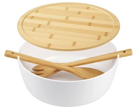 Ensaladera con Tapa, Tenedor y Cuchara de Bambú, Cubiertos Para Ensalada, Cuenco Para Mezclar, 27,5 x 27,5 x 10,5cm, Blanco
