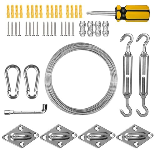 Kit di ferramenta for vela ombreggiante con cavo da 15 m, kit di installazione for tenda da sole in acciaio inossidabile, tenditori, kit di ganci ad occhiello for giardino