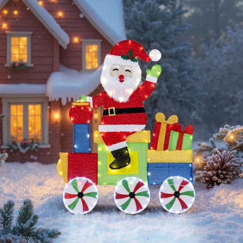 COSTWAY LED Weihnachtsmann im Zug, 120 cm Weihnachtsdeko mit 133 warmweißen & kaltweißen LED-Leuchten, beleuchtete Weihnachtsdekoration, Weihnachtsfigur XXL, Weihnachtsbeleuchtung für innen & außen