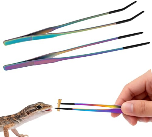 2PCS Reptile Feeding Tongs,10.6 Extra Long Stainless Steel Tweezers with Rubber Tips, Bearded Dragon Lizards Aquarium Straight and Curved Tweezers for Snake Feeding, Terrarium, Aquarium(Colorful)