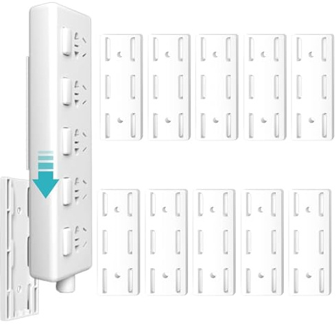 10Pcs Adhesive Punch-Free Socket Holder, Self Adhesive Power Strip Holder, Wall Mount Socket Brackets with Sliding Design, Desktop Power Strip Fixer Stand for Home Office, Cable Management Organizer