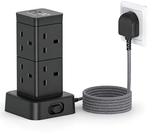 Tower Extension Lead 1.8M with 2 USB C Slots, 8 Way Outlets Power Strip | [13A 3250W], Compact Surge Protected Extension Lead Black, Desktop Multi Plug Extension Socket for Office Desk, Nightstand
