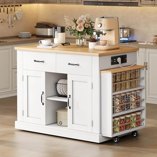 NADEUSAK Isola da cucina mobile bianco+rovere 132 – 235 x 60 x 93 cm, carrello da cucina con tavolo da pranzo estraibile, tavolo da bar retrattile, 7 ruote, scaffali regolabili