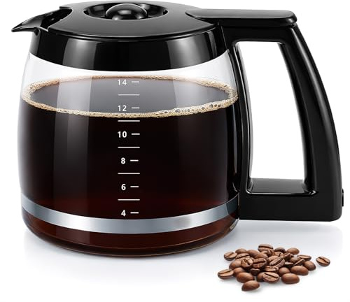Glass Coffee Carafe, 14 Cup Replacement Coffee Jug | Heat Resistant Coffee Pot with Lid, Handle and Measurement Markings for Home Kitchen Office