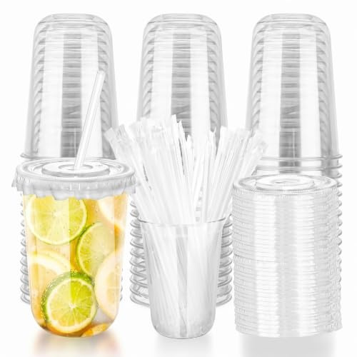 Bcuuozeeing 16oz/480ml Wiederverwendbare Plastik Trinkbecher, Kunststoffbecher mit Deckel und Strohhalm, 50Pcs Plastikbecher mit Deckel für Eiskaffee, Smoothie, Saft, Limonade, Kalte Getränke
