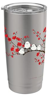 Cimaenaga | ciruela, flor de ciruela, flor de ciruela, floración completa, hermoso paisaje de Japón, pájaro blanco en Hokkaido Vaso térmico de acero inoxidable de doble pared