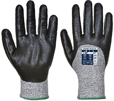 Portwest A621 Cut Resistant Grip 3/4 Nitrile Foam Glove Black, Large