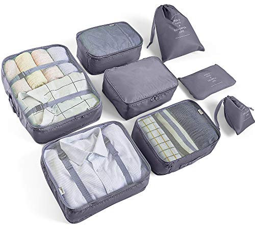 AMAYGA Koffer Organizer Set 8-teilig, kleidertaschen für Kleidung Kosmetik Schuhbeutel Kabel Aufbewahrungstasche, Reisen Organizer Tasche (Grigio) (Grigio)