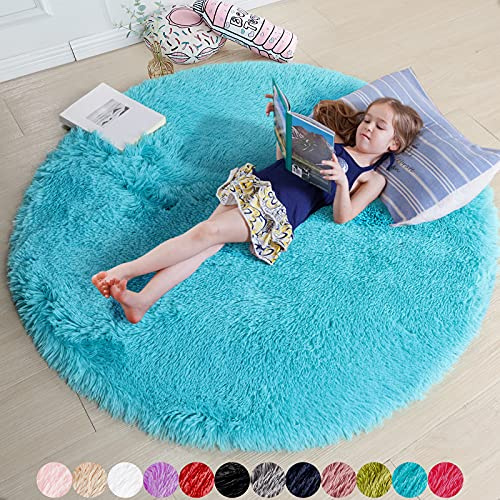 Amdrebio Blauer, runder Teppich, 1,5 m x 152 cm, Flauschige Plüsch-Polyesterfasern, rutschfeste Gummi-Unterseite, perfekt für Schlafzimmer, Flur, Kinderzimmer