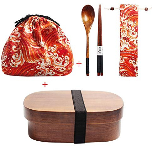 Wooden Lunch Box Japanese Bento Box Dinnerware Set with Bag & Spoon Fork Chopsticks Picnic Box for Students (JP13)