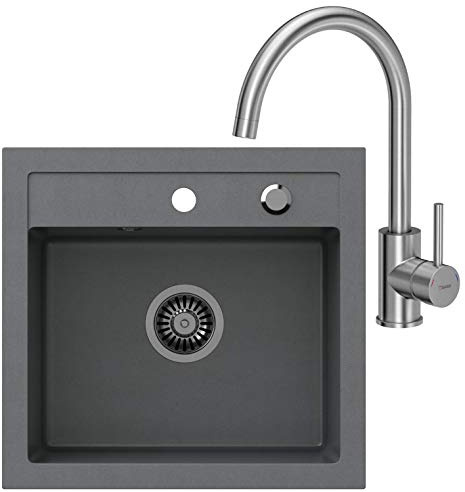 VBChome Spülbecken + Armatur 50 x 47 cm Grau Spüle Einzelbecken Küche Einbauspüle Verbundspüle Küchenspüle gesprenkelt flächenbündig + Siphon Waschbecken