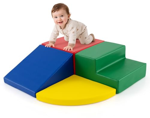 COSTWAY 4PCS Parcours Motricité Bébé en Mousse EPE avec Housse en PU, Module Motricité Bébé avec Toboggan & Différentes Formes, Jouets Éducatifs Colorée pour Ramper pour Enfants d'Âge Préscolaire