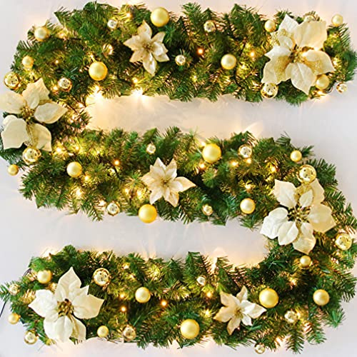 JIAJIAYI Weihnachtskranz mit LED Lichterkette Beleuchtung 270cm Weihnachtsgirlande künstlich Weihnachten Girlande Weihnachtsdeko Weihnachten,Weihnachtsgirlande Türkranz Innen und Außen (Gold)