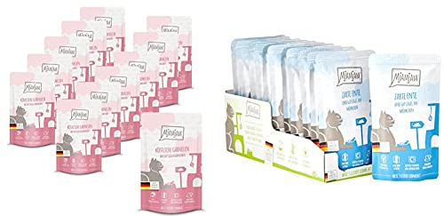 MjAMjAM Quetschie - köstliche Garnelen an saftigem Hühnchen 12x125 g(1 x 1500 g) & Premium Nassfutter für Katzen - Quetschie - zarte Ente & Geflügel an leckeren Möhrchen, 12er Pack (12 x 125 g)