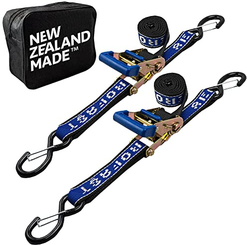 Rear TRANSOM Boat Trailer Straps Ratchet TIE Downs Strap, Made in NZ - 1.5 x 4’ Heavy Duty Rear Transom with PVC Hooks for Trailered Boats, Pontoons & Jetskis - 3,300lbs Break Strength - (Pair) Blue