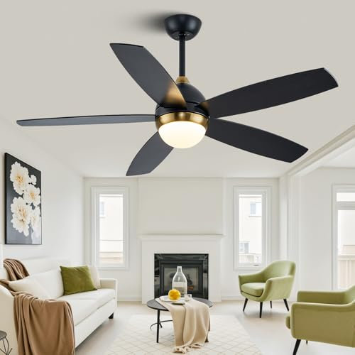KAPOEFAN Black and Gold Ceiling Fan with Lights, 52 Inch Ceiling Fans, 6 Speeds, 3 Colors, Quiet DC Motor, Ceiling Fan with Remote Control for Bedroom Living Room Patio Kitchen