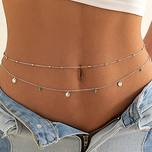 Carufin Pailletten Quaste Taillenkette Doppelschicht Körperkette Bauchketten Körperschmuck Schmuck für Frauen und Mädchen (Silber B)