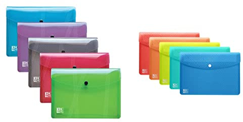 Oxford Dokumentenmappe A5, aus Kunststoff, transparent, 5 Farben, 5er Pack, Farblich sortiert & Dokumentenasche A6, transparenter Kunststoff, 5 Farben, 5 Stück