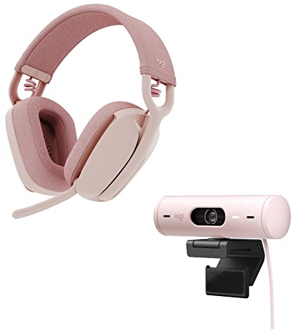 Logitech Brio 500 Full HD-Webcam und Zone Vibe 100 kabellose Kopfhörer mit geräuschunterdrückendem Mikrofon, funktioniert mit Microsoft Teams, Google Meet, Zoom, Mac/PC - Rosa