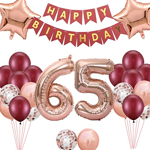 65. Geburtstags Dekorationen Weinrot für Frauen, Birthday Banner Nummer 65 Geburtstags Ballons Stern Folienballons Roségold Rot Konfetti Ballons für ihre Mutter 65 Jahre alt Geburtstag