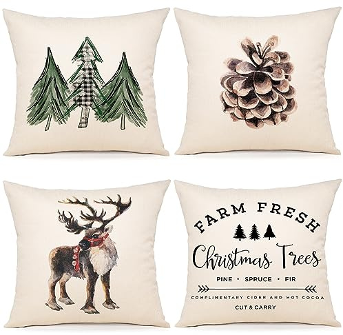 ZWJD Kissenbezug Weihnachten 40x40 4er Set Kissenbezüge Dekokissen Leinen Kissenhüllen für Deko Weihnachten Sofa Schlafzimmer Couch Kissenbezug 40x40 cm