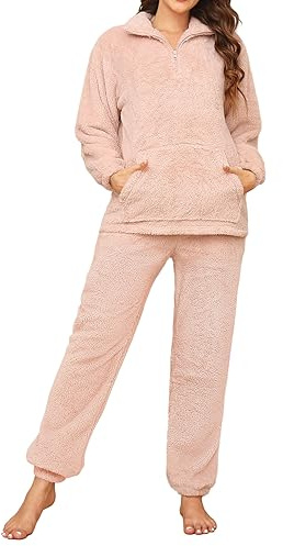 Tuopuda Pigiama Donna Invernale Pigiami Due Pezzi, Pigiama Pile da Casa con Tasche Zip Felpa Manica Lunga e Pantalone Lungo, Indumenti da Notte Sleepwear