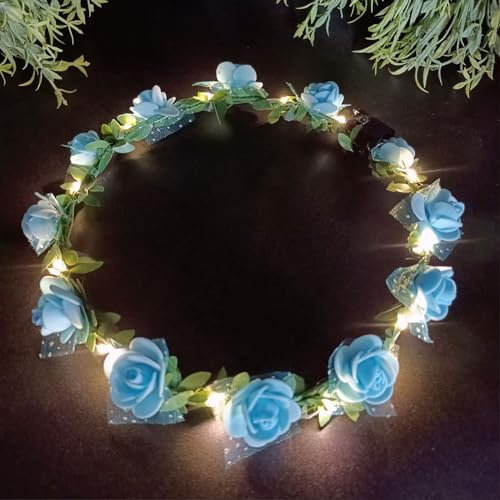 Danolt 10pcs LED Haarschmuck, Blumenkranz Haare Festival, Haarreif Blumen Karneval (Blau)