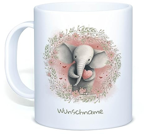 Tassendruck Kinder-Tasse mit Tiermotiv Elefant - Wunschname selbst gestalten - Für Mädchen & Jungen, Kindergeschenke - BPA-freie Kunststoff-Tasse, 300 ml | Personalisiertes Geschenk für Kinder