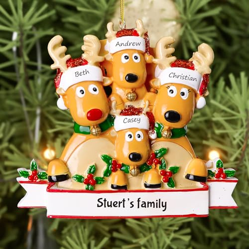 Bemaystar Personalised Christmas Baubles 2025 - Custom Family of 2-8 Deer Baubles for Trees, Decorations, Xmas Gifts for Mom Dad Family Kids - Family of 4