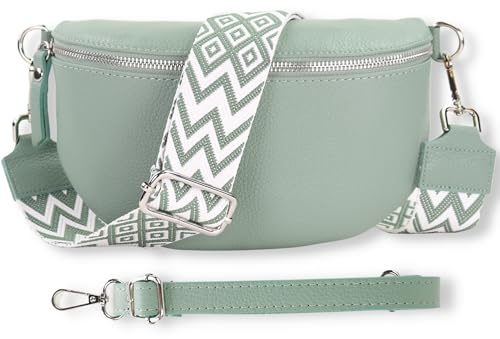 Blade Bauchtasche Damen Echtleder, stylische Gürteltasche Damen mit 2 gemusterten und Leder abnehmbaren & verstellbaren Breiten Gürteln, Crossbody Bag Damen, Hochwertige Brusttasche für Frauen