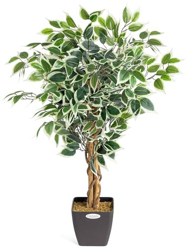 CHRISTOW Artificial Ficus Tree, Fake Weeping Fig House Plant for Home Decoration, Lifelike Variegated Leaves, Natural Wooden Trunk with Twists, Weighted Pot, Indoor Outdoor (90cm / 3ft)