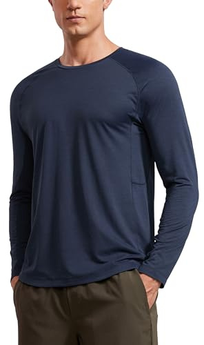 CRZ YOGA Rundkrage-träningströjor med lång ärm för män - Snabbtorkande löpar- och atletiska t-shirts Lätta baströjor Navy-Heather L