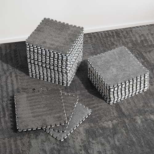 36 Pcs Plush Interlocking Carpet Tiles, Non-Toxic Shaggy Foam Carpet Tiles for Toddler Baby, Anti-Slip, EVA Foam Interlocking Tiles for Floor, Nursery, Playroom, Grey