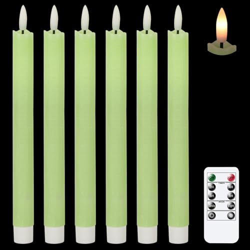 Eldnacele LED Stabkerzen Grün, 6er Set mit Timerfunktion und Fernbedienung | Grüne Echtwachskerzen, flackernde Flamme, Ø 2 × 25 cm, batteriebetrieben, für Tischdeko, Hochzeit und Party