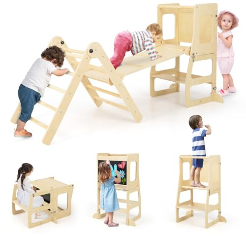 COSTWAY 7 en 1 Triangle d'escalade Montessori avec Rampe Réversible, Tour d’Apprentissage Montessori en Bois avec Tableau Noir, Table et Chaise, Charge 60kg pour Enfants de 3-14 Ans (Naturel)